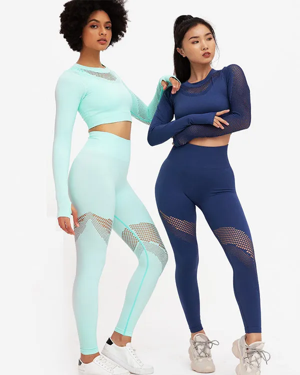 New Seamless Mesh Long Sleeves Gym Sets