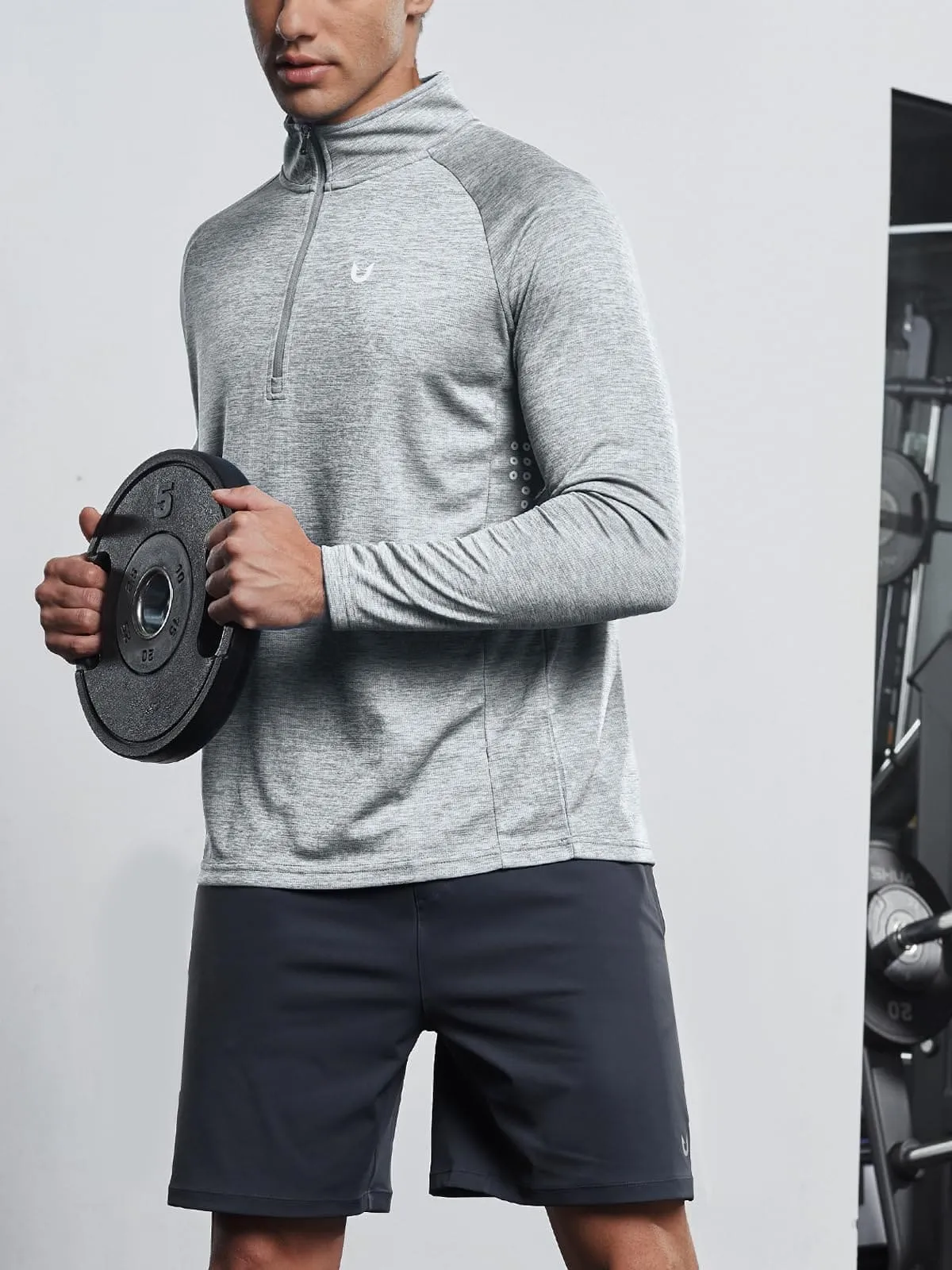 NORTHYARD Men's Running Shirt Long Sleeve Quarter Zip Pullover Moisture Wicking Quick Dry Athletic Workout Shirts Lightheather