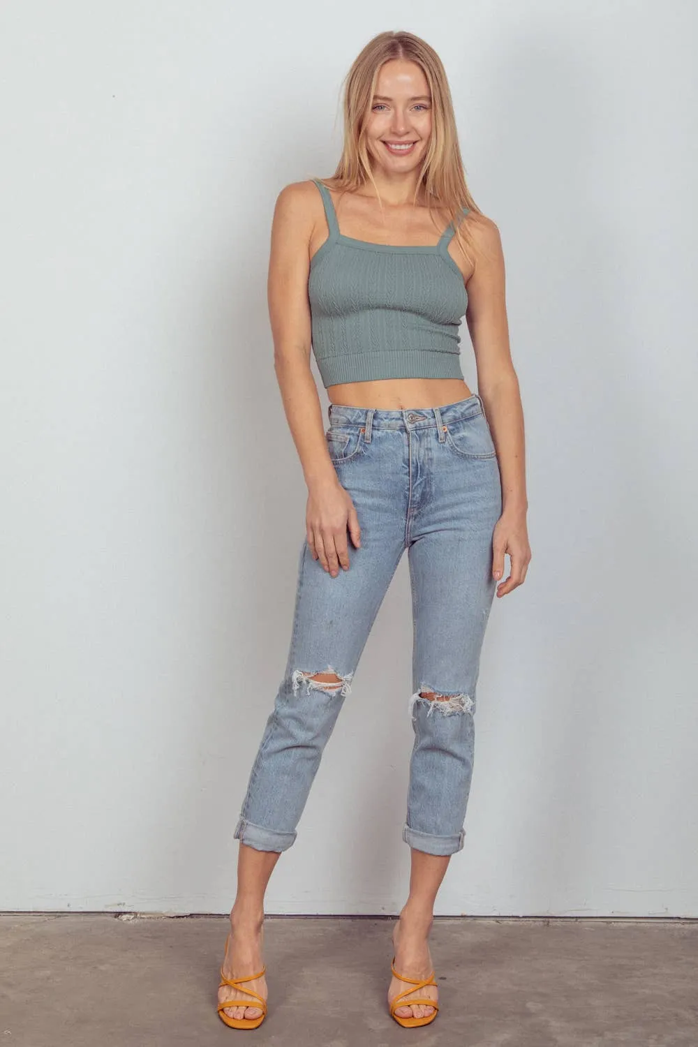 NT11608-Cable Ribbed Fitted Crop Knit Tank Top
