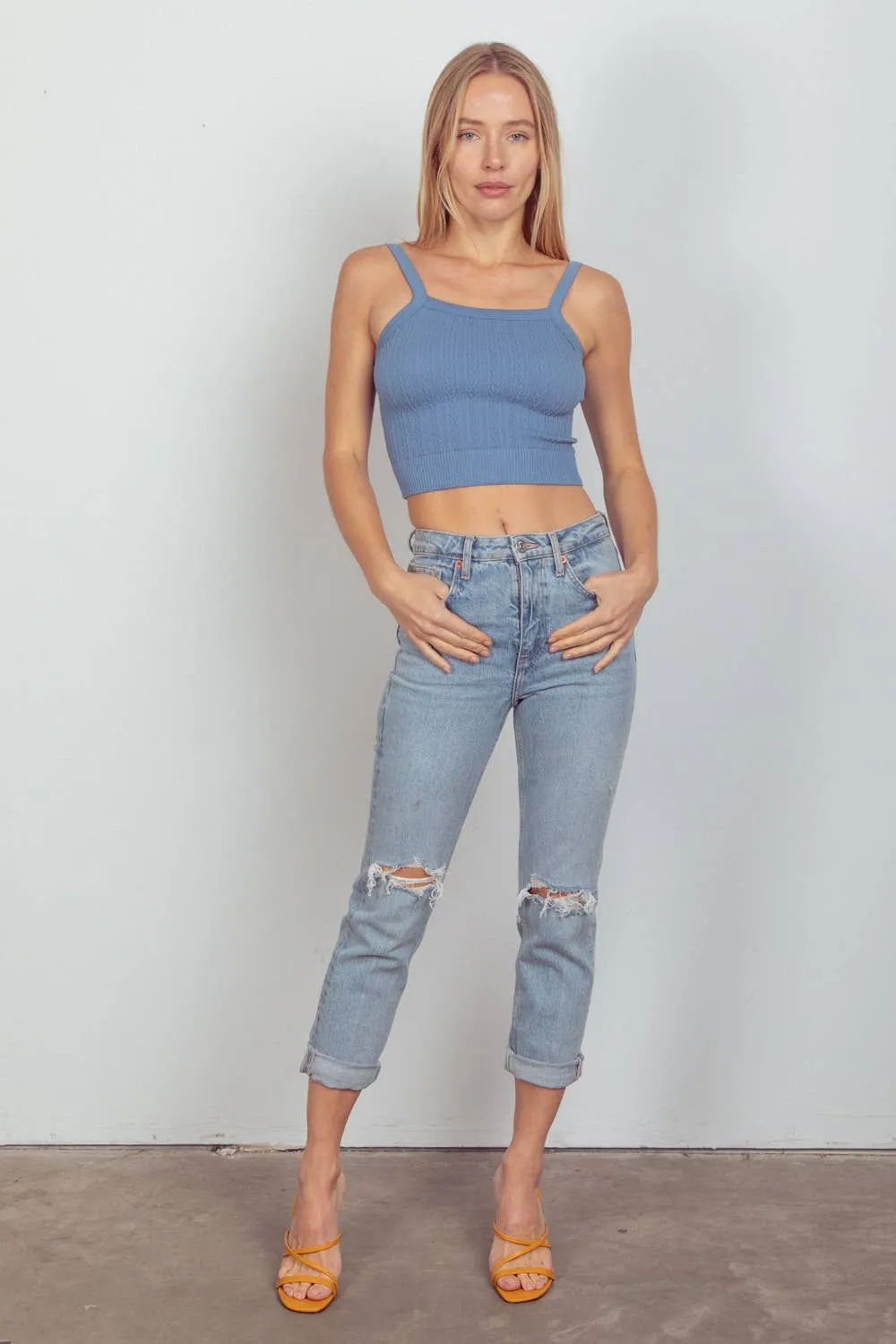 NT11608-Cable Ribbed Fitted Crop Knit Tank Top