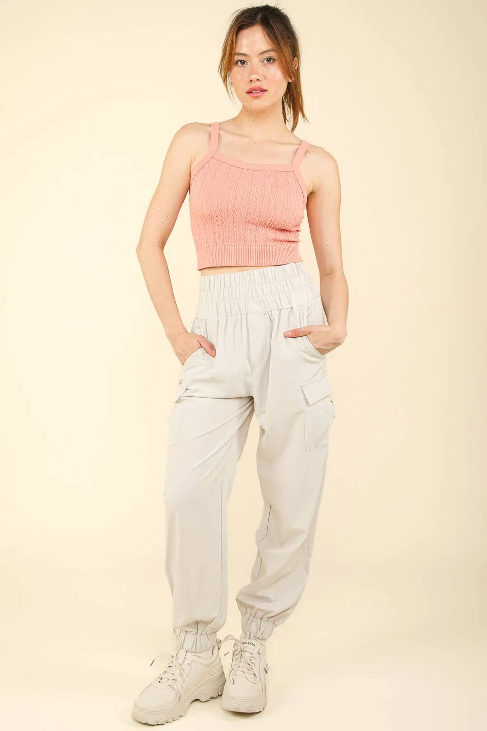 NT11608-Cable Ribbed Fitted Crop Knit Tank Top