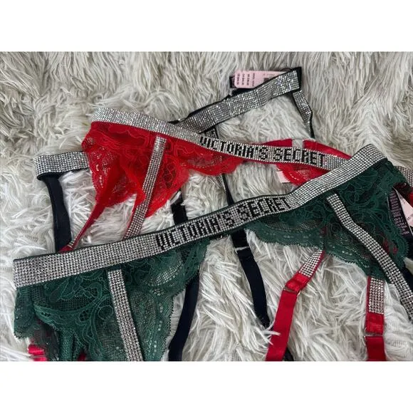 NWT $143 LOT (3) XS/S Victorias Secret Lingerie Lace Very Sexy Rhinestone Garter