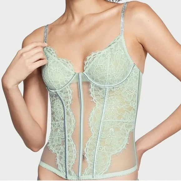 •NWT Victoria’s Secret Shine Strap Mint Haze Lace Corset // Small DD