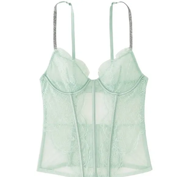 •NWT Victoria’s Secret Shine Strap Mint Haze Lace Corset // Small DD