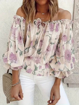 Off-Shoulder Floral Chiffon Blouse - Plissé Lantern Sleeves & Lightweight