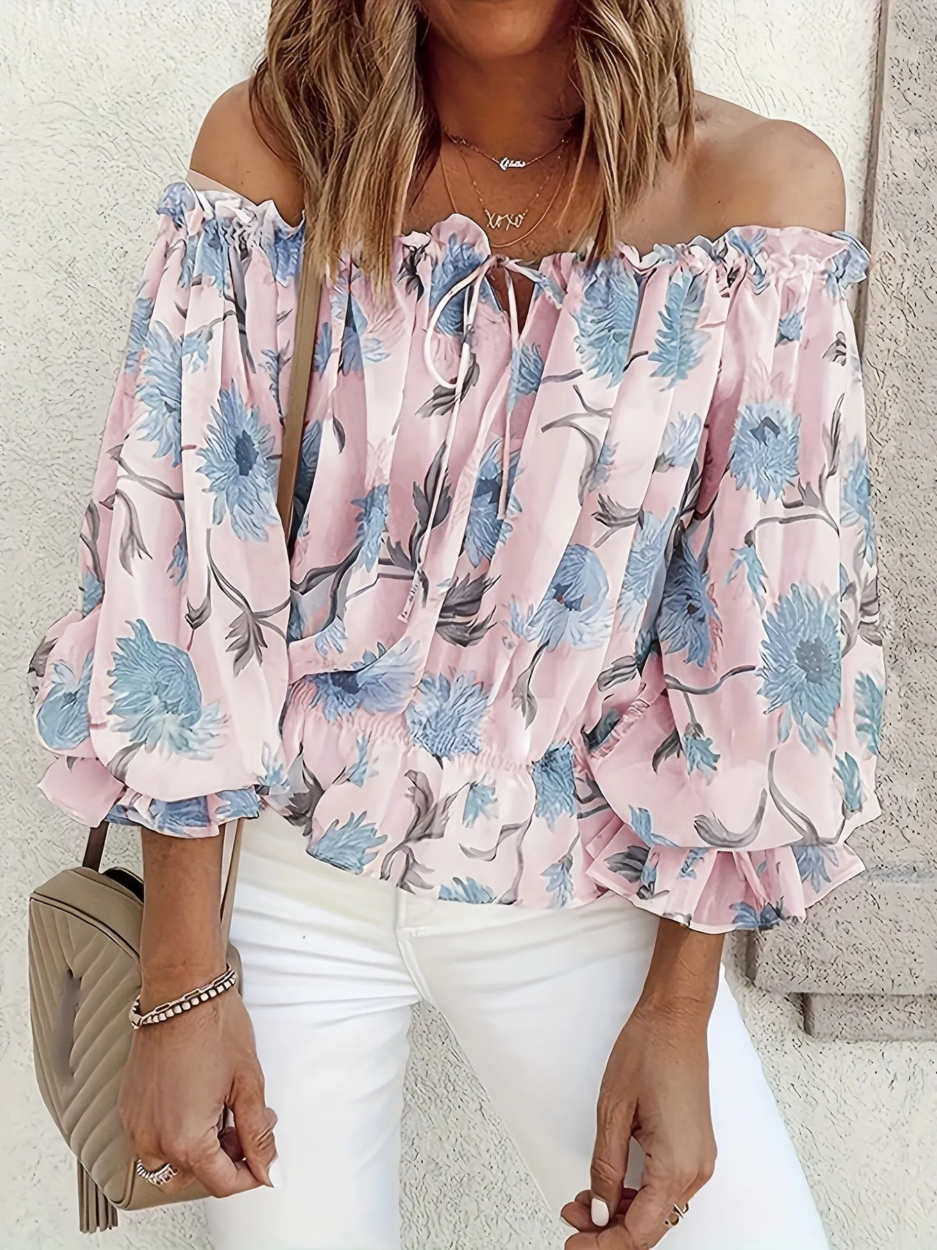 Off-Shoulder Floral Chiffon Blouse - Plissé Lantern Sleeves & Lightweight