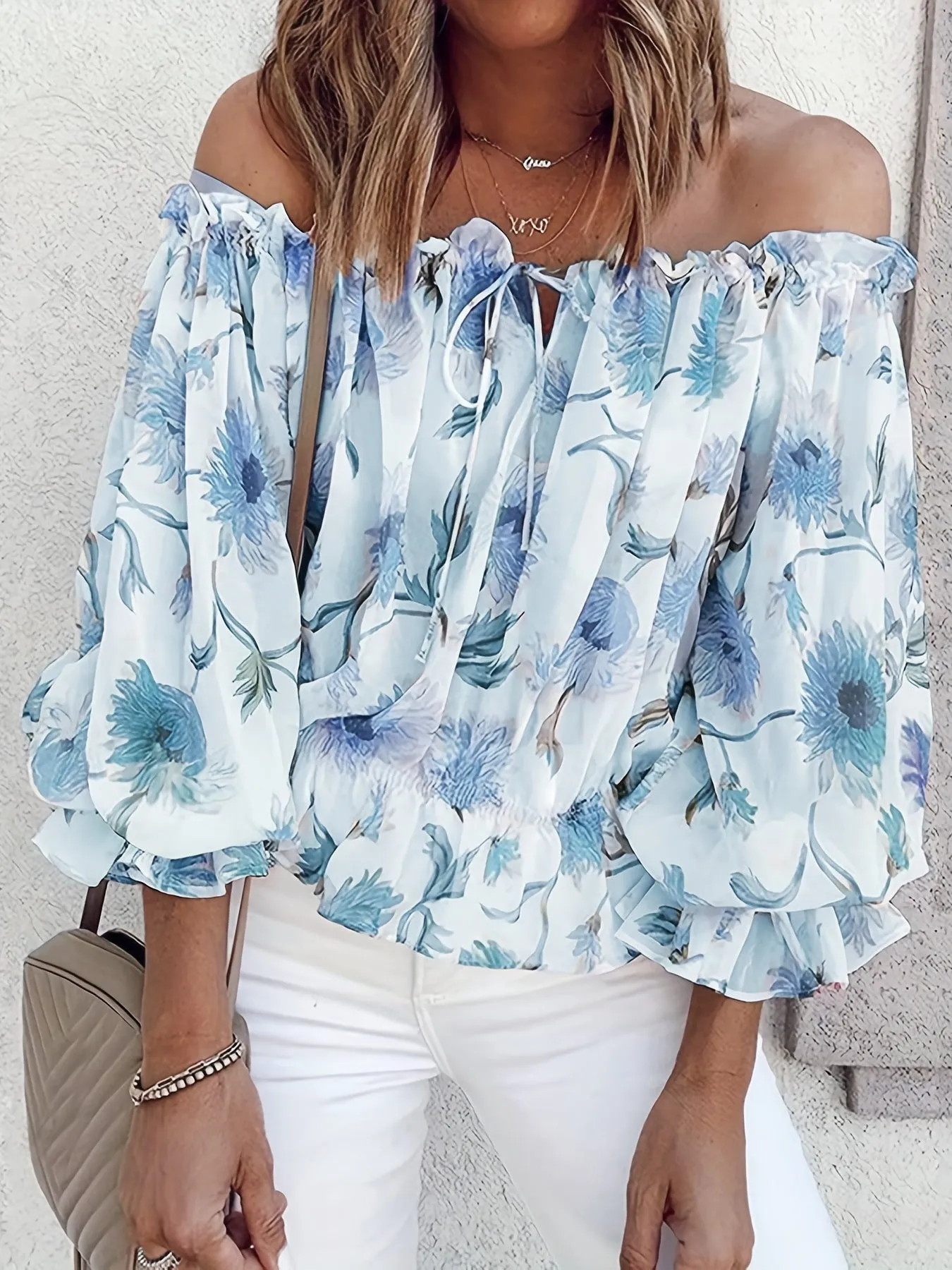 Off-Shoulder Floral Chiffon Blouse - Plissé Lantern Sleeves & Lightweight