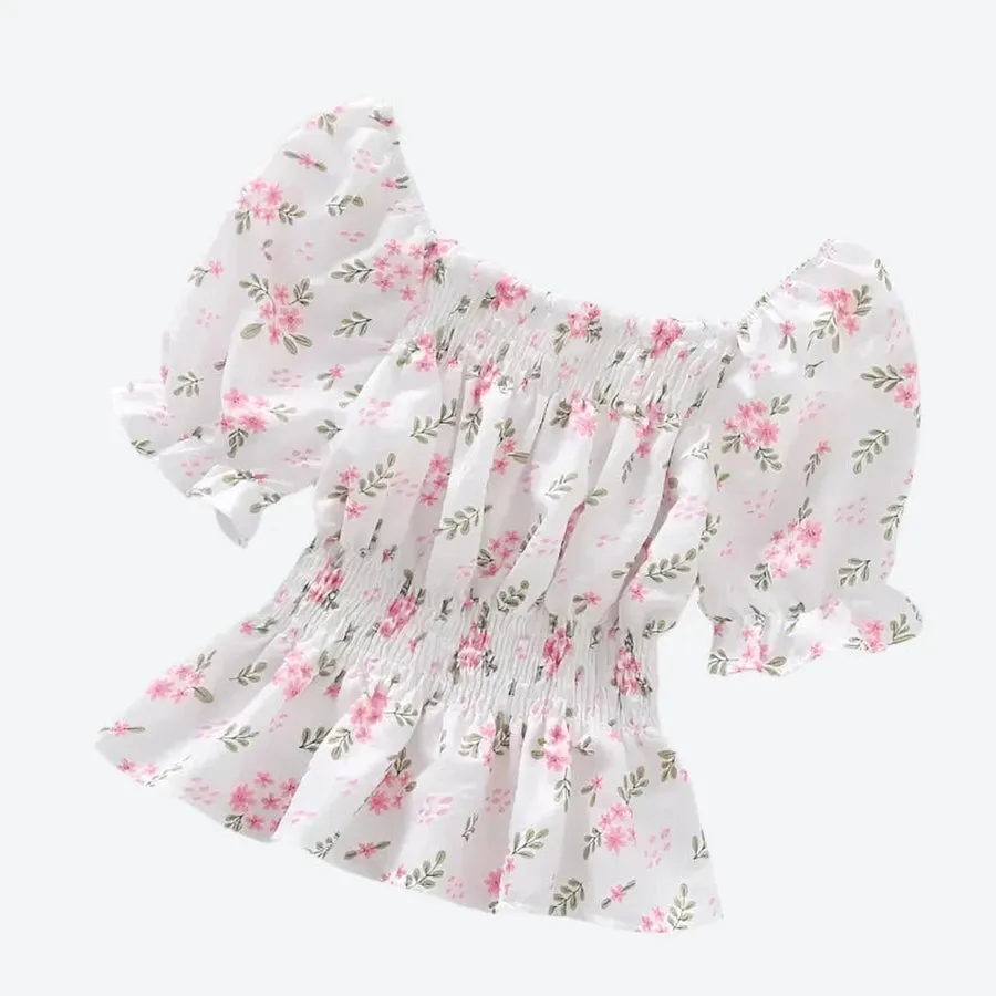 Off-Shoulder Smocked Floral Puff Blouses
