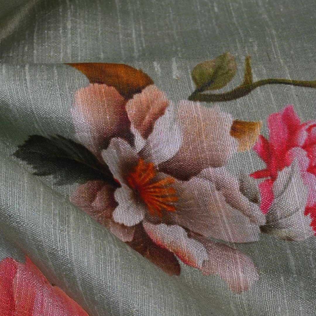 Off White Floral Printed Rawsilk Fabric