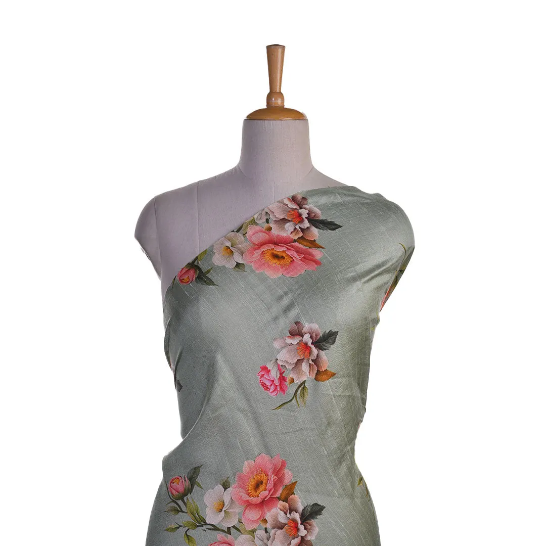 Off White Floral Printed Rawsilk Fabric