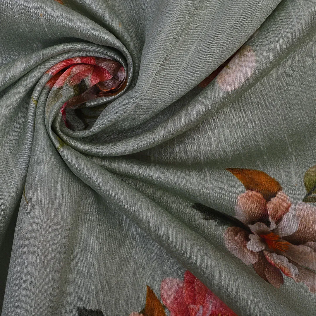 Off White Floral Printed Rawsilk Fabric
