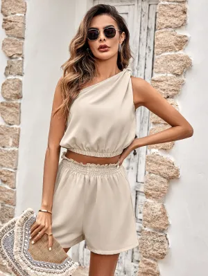 One-Shoulder Crop Top & Paperbag Waist Shorts Set
