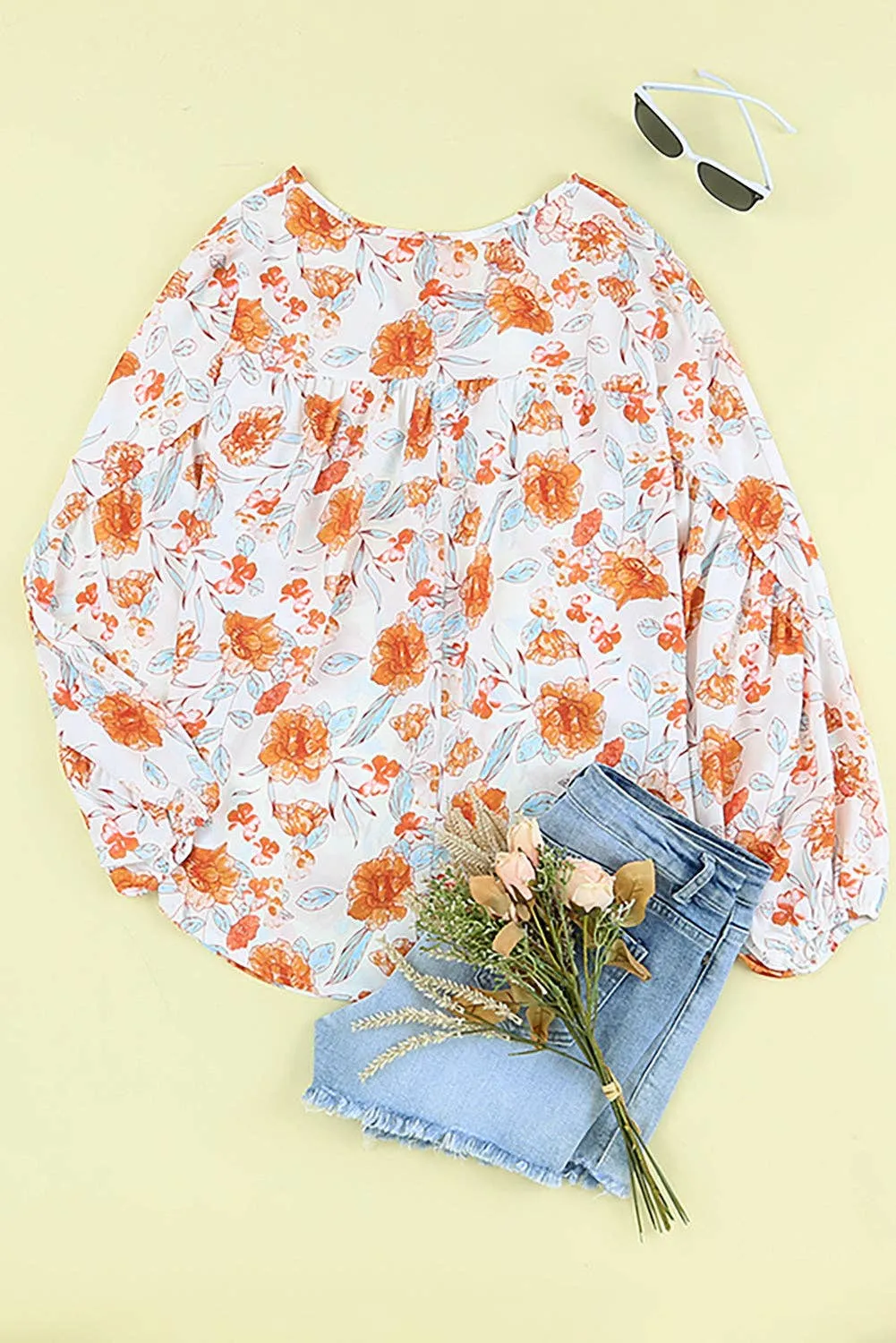 Orange Split V Neck Floral Print Dolman Blouse: Full Time Purchase