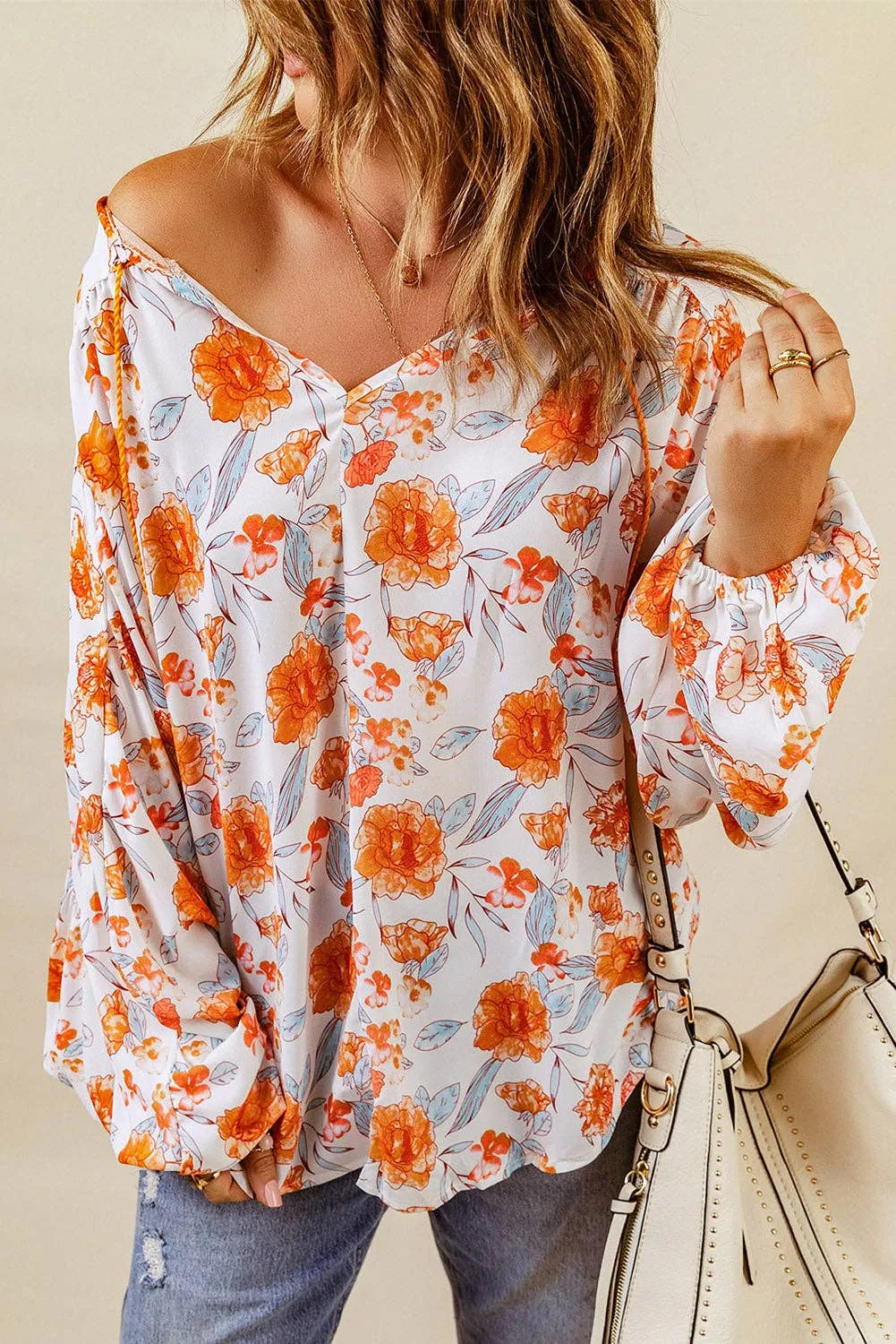 Orange Split V Neck Floral Print Dolman Blouse: Full Time Purchase