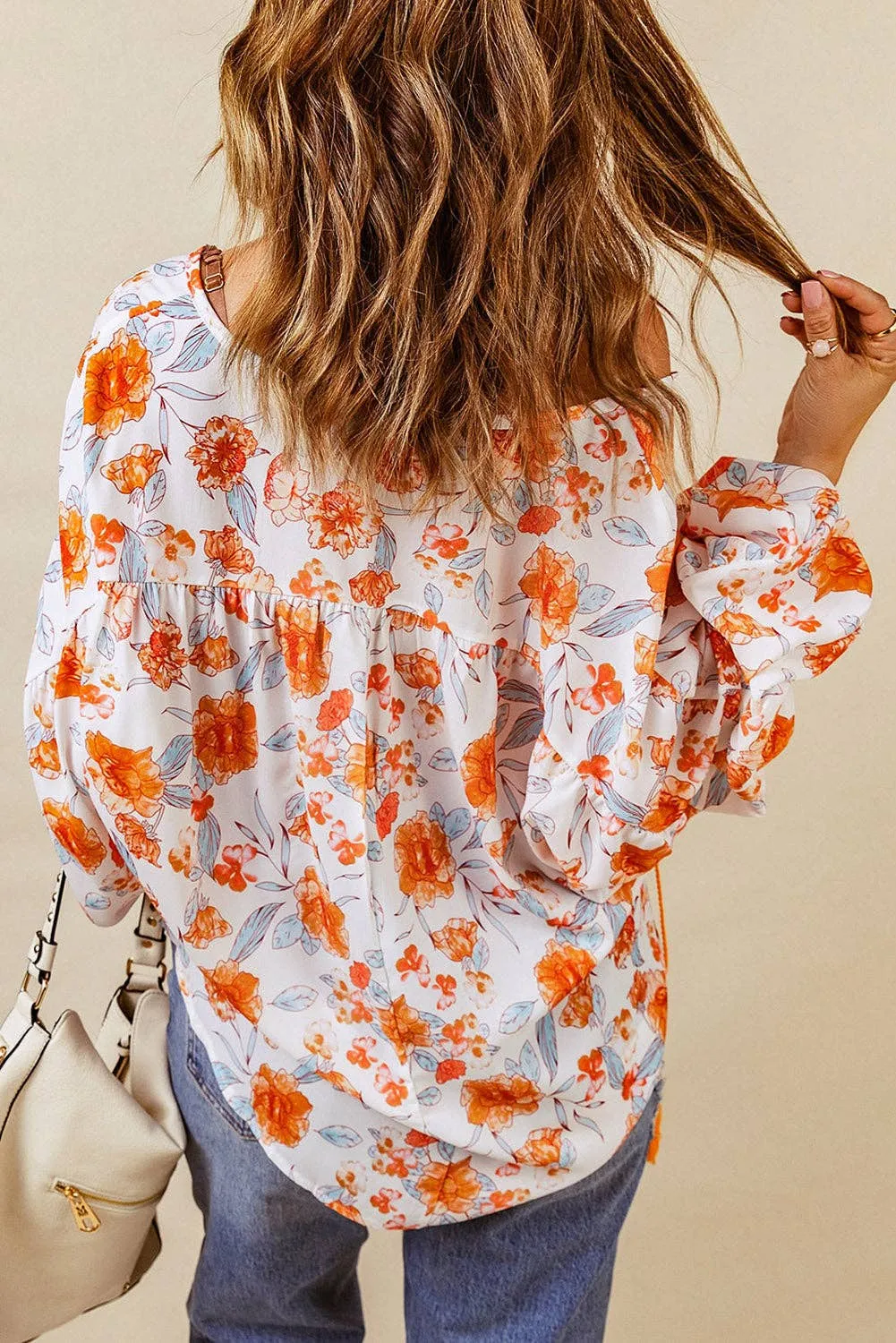 Orange Split V Neck Floral Print Dolman Blouse: Full Time Purchase