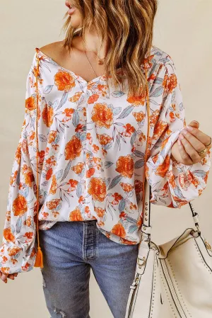 Orange Split V Neck Floral Print Dolman Blouse: Full Time Purchase