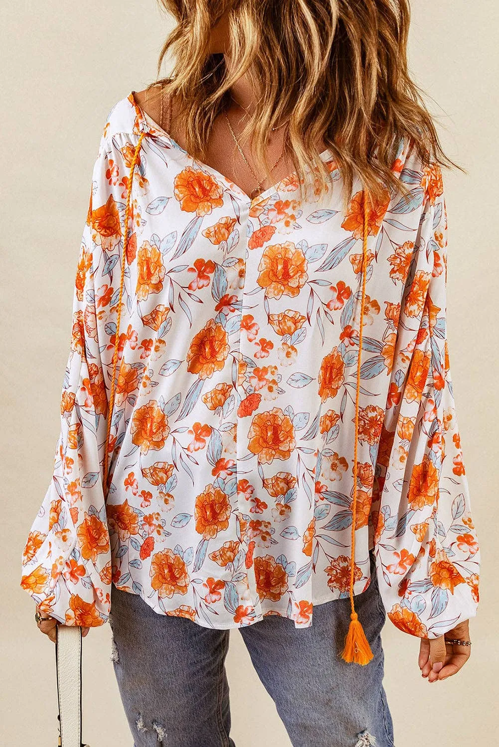 Orange Split V Neck Floral Print Dolman Blouse: Full Time Purchase