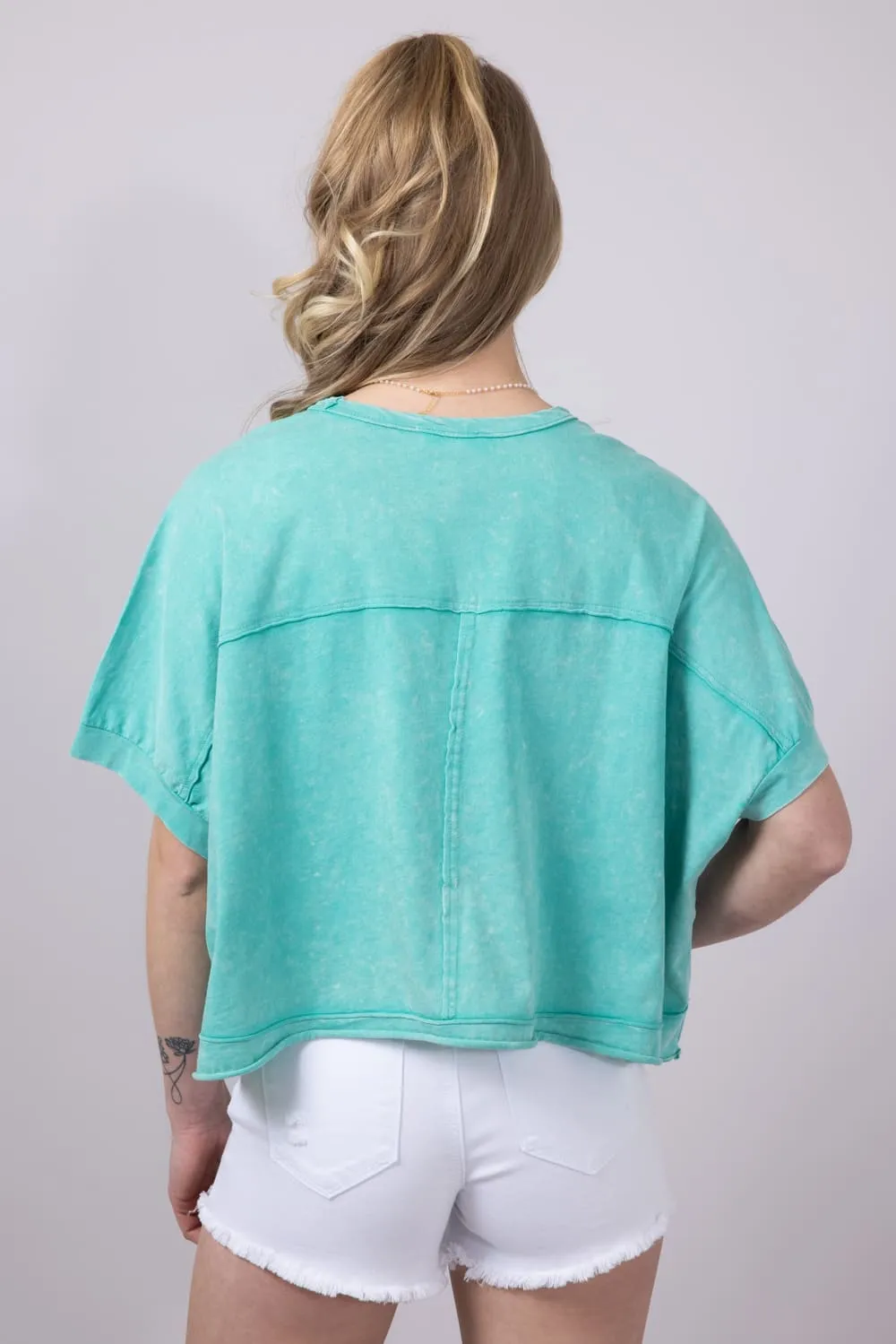 Oversized Cropped Mineral Wash Knit T-Shirt for Women in Paradise Green | NT11429-PARADISEGREEN