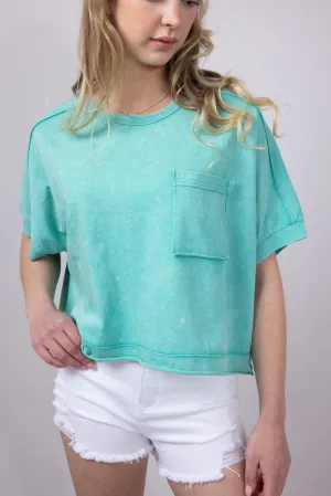 Oversized Cropped Mineral Wash Knit T-Shirt for Women in Paradise Green | NT11429-PARADISEGREEN