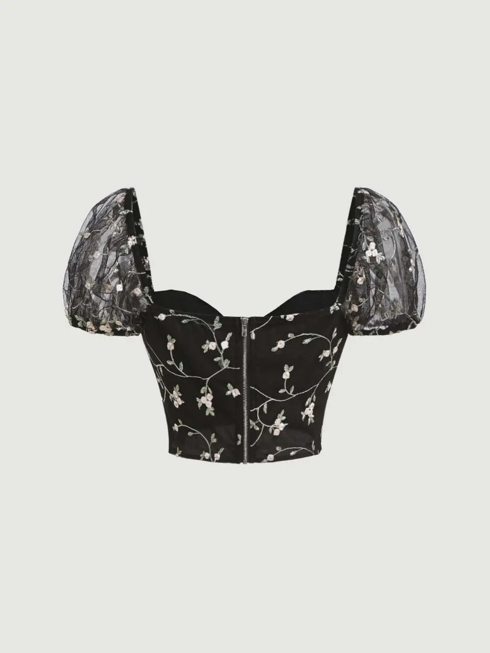 Parien Mesh Puff Sleeve Frill Trim Crop Top( CLEARANCE SALE