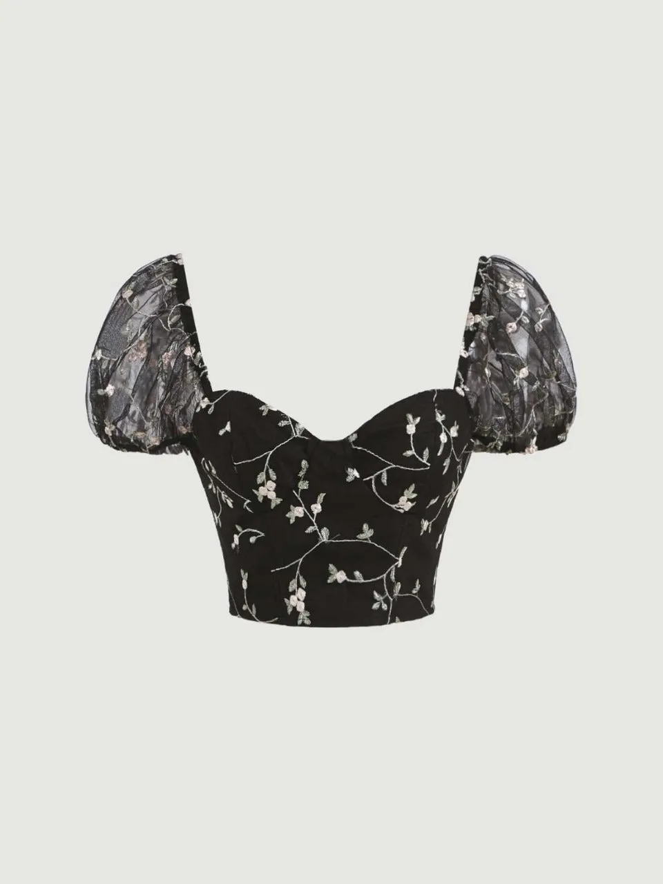 Parien Mesh Puff Sleeve Frill Trim Crop Top( CLEARANCE SALE