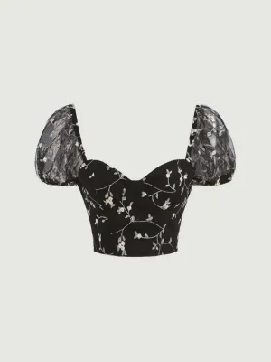 Parien Mesh Puff Sleeve Frill Trim Crop Top( CLEARANCE SALE