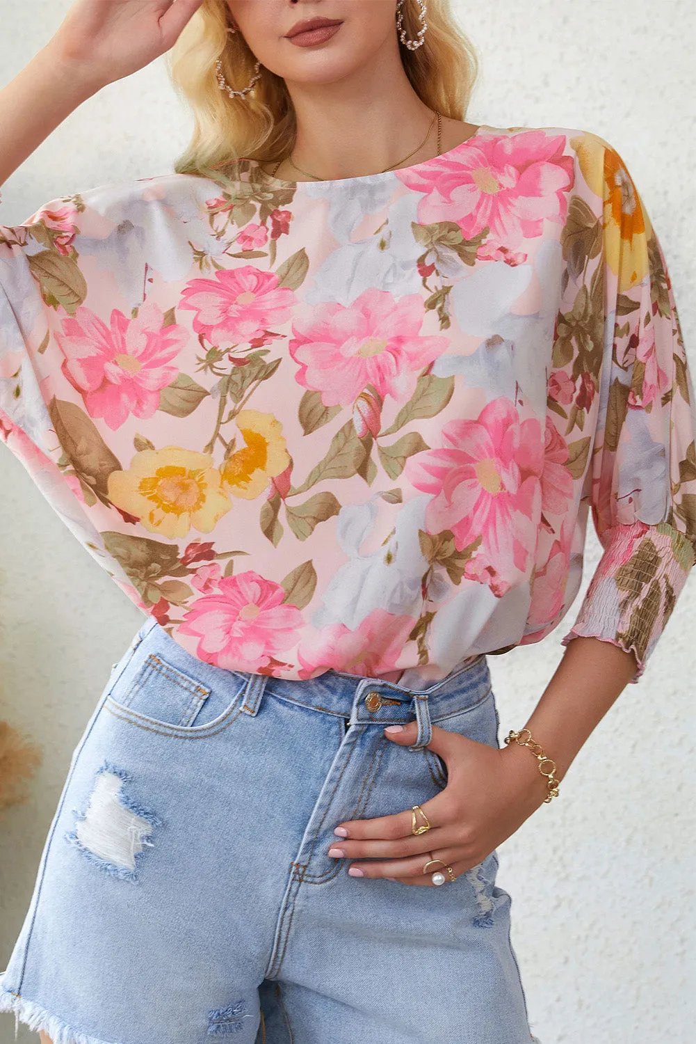 Pink Shirred Cuff Loose Fit Floral Blouse