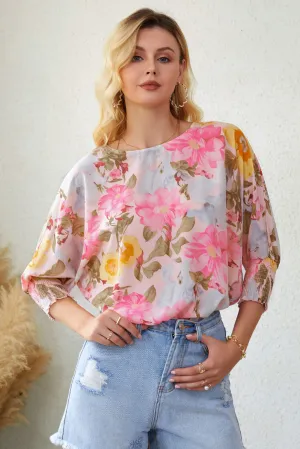 Pink Shirred Cuff Loose Fit Floral Blouse