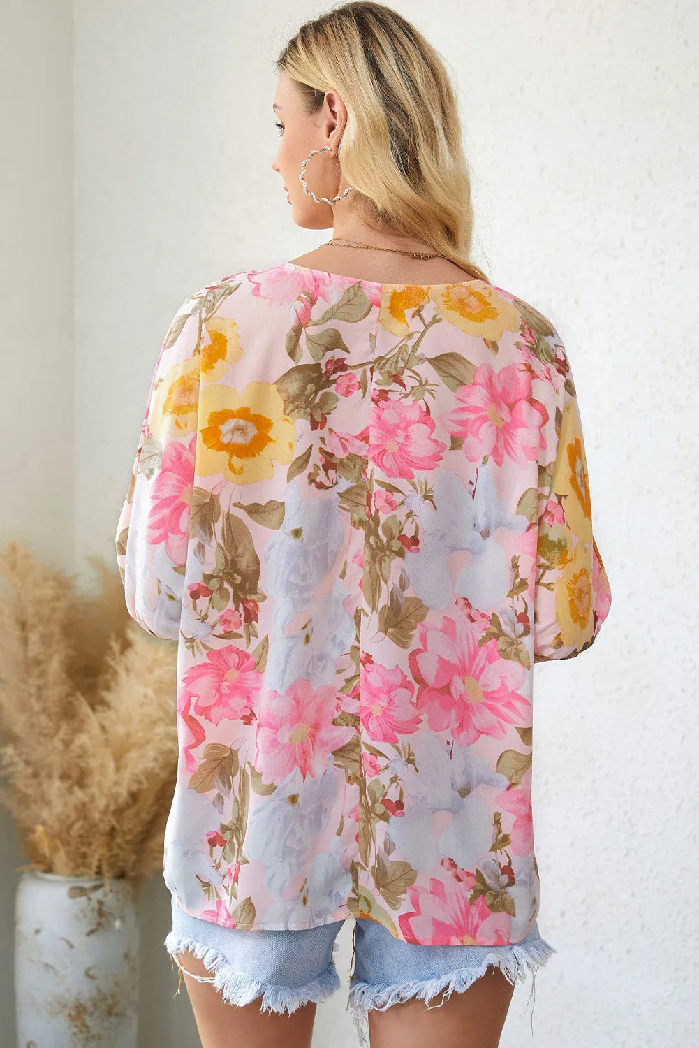 Pink Shirred Cuff Loose Fit Floral Blouse