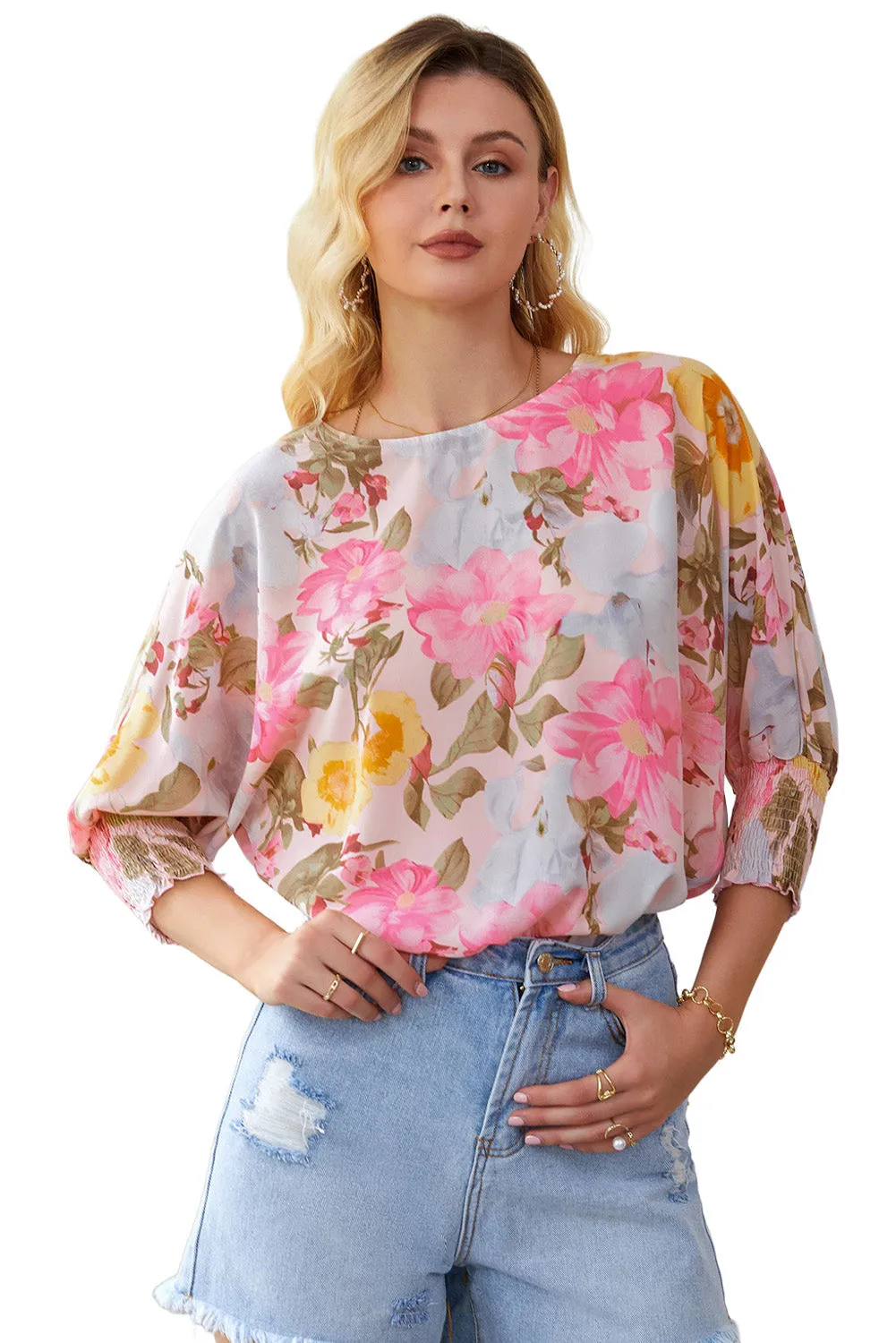 Pink Shirred Cuff Loose Fit Floral Blouse