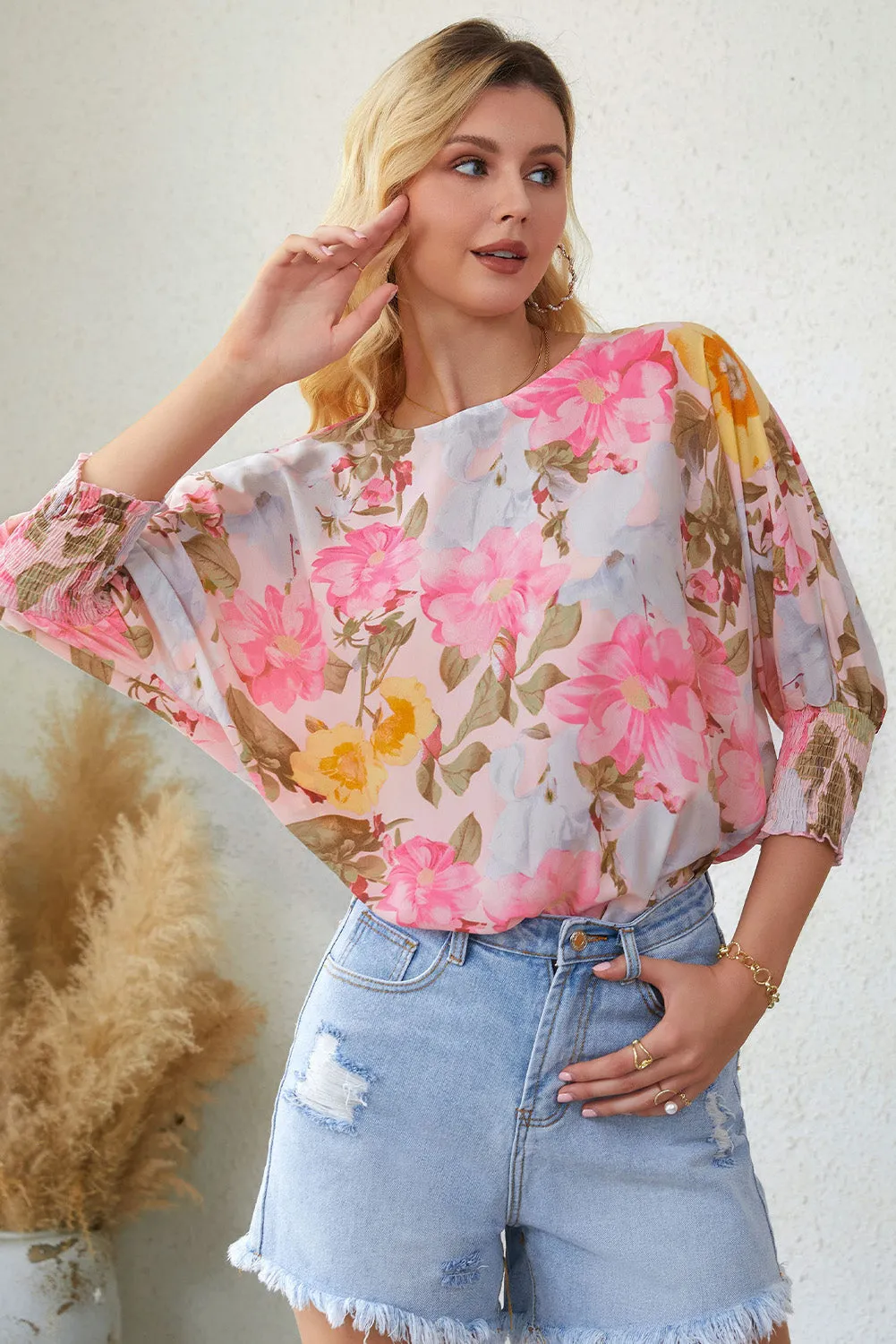 Pink Shirred Cuff Loose Fit Floral Blouse