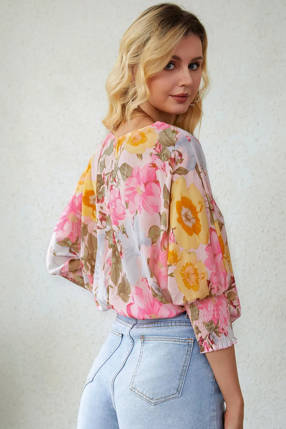 Pink Shirred Cuff Loose Fit Floral Blouse