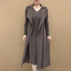 Pleated Suit Collar Trench Coat | Women's Fashionable Fake Two-Piece Design | Stylish Autumn Outerwear