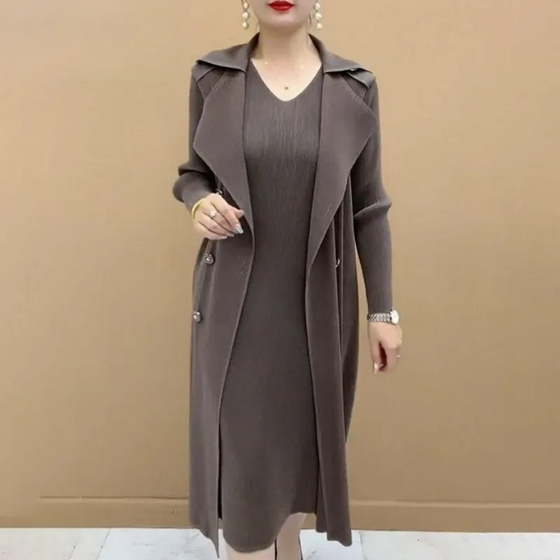 Pleated Suit Collar Trench Coat | Women's Fashionable Fake Two-Piece Design | Stylish Autumn Outerwear