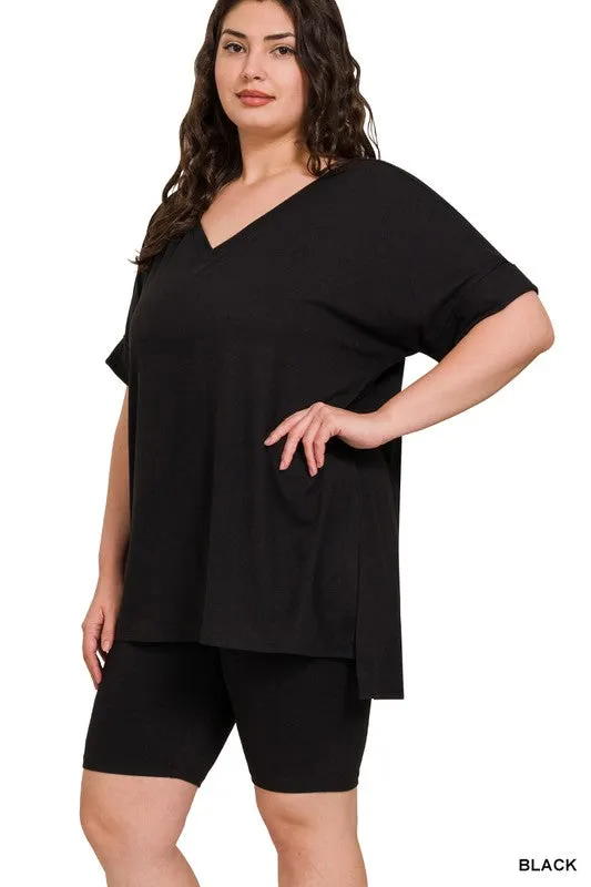 PLUS BRUSHED DTY MICROFIBER V-NECK TOP & BIKE SHORTS SET