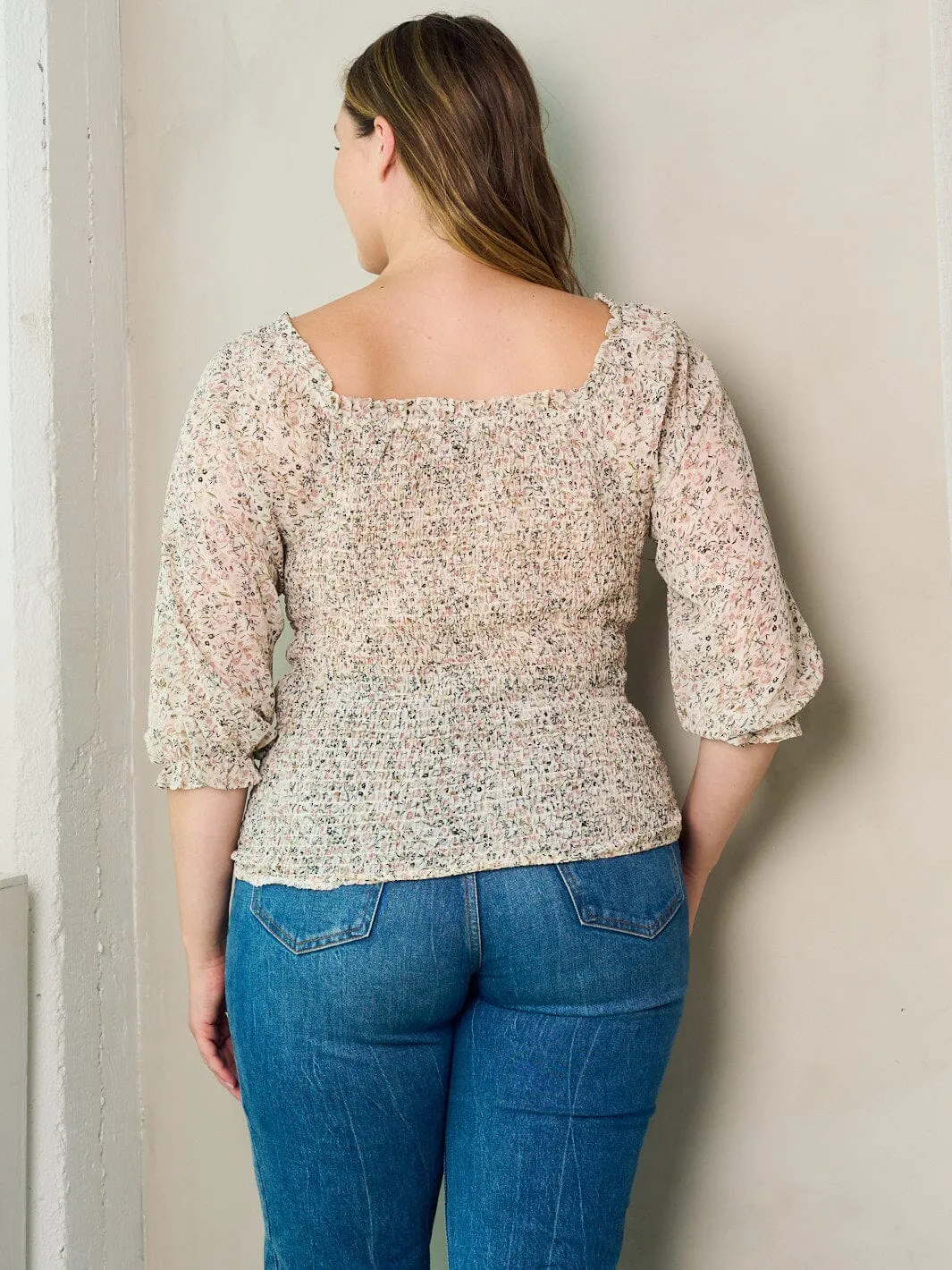 PLUS SIZE 3/4 SLEEVE SMOCK FLORAL BLOUSE TOP