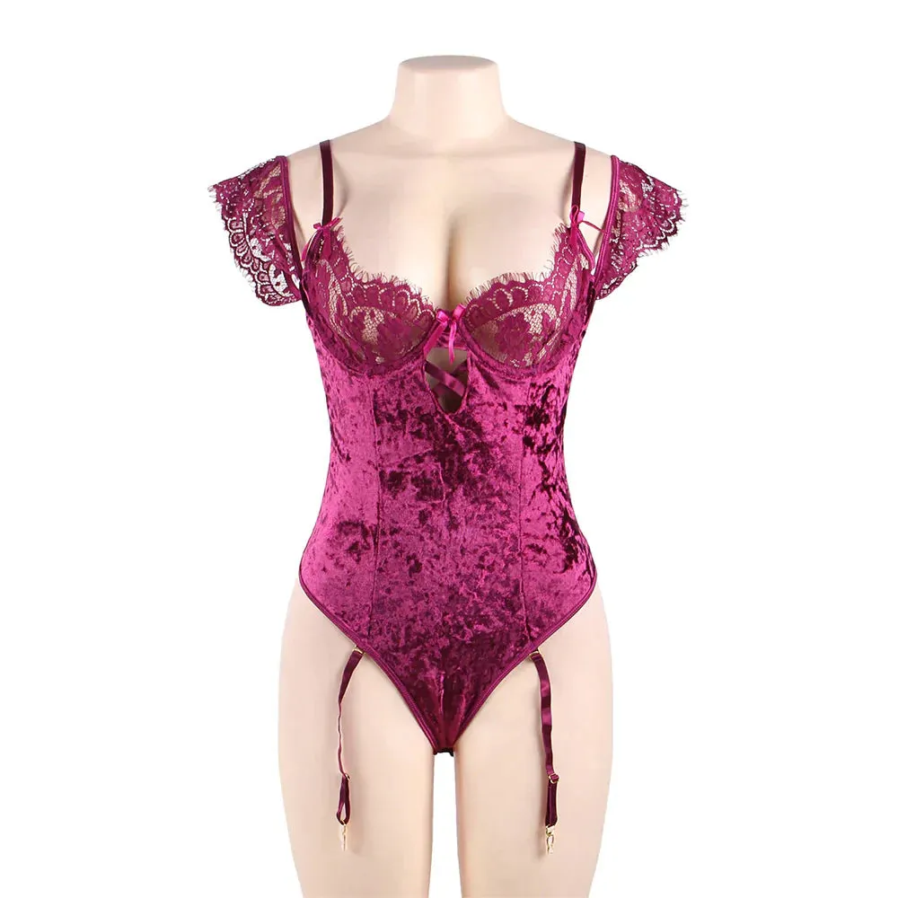 Plus Size Egypt Sheer Lace Off-The-Shoulder Lace Sleeves Velvet Teddy