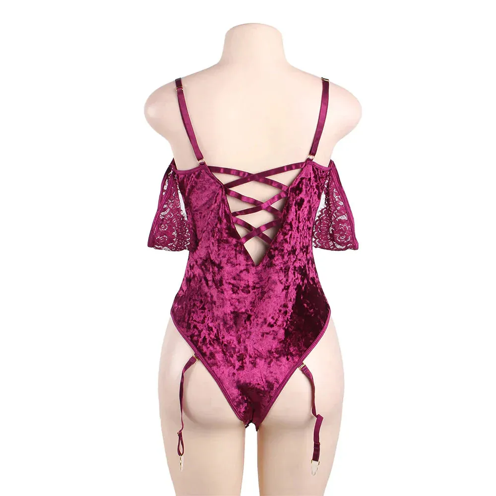 Plus Size Egypt Sheer Lace Off-The-Shoulder Lace Sleeves Velvet Teddy