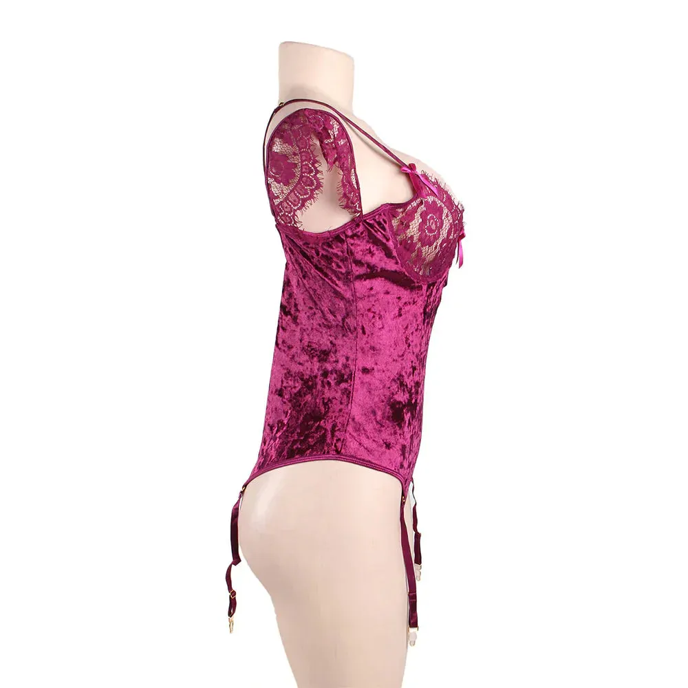 Plus Size Egypt Sheer Lace Off-The-Shoulder Lace Sleeves Velvet Teddy