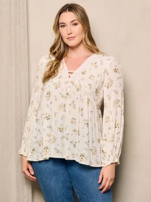 PLUS SIZE LONG SLEEVE V-NECK FLORAL BLOUSE TOP