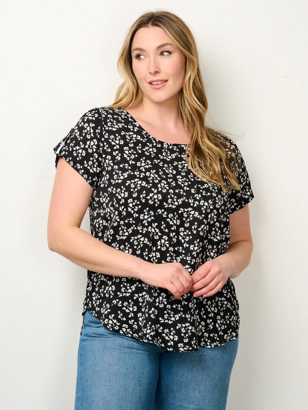 PLUS SIZE SHORT SLEEVE FLORAL TUNIC BLOUSE TOP