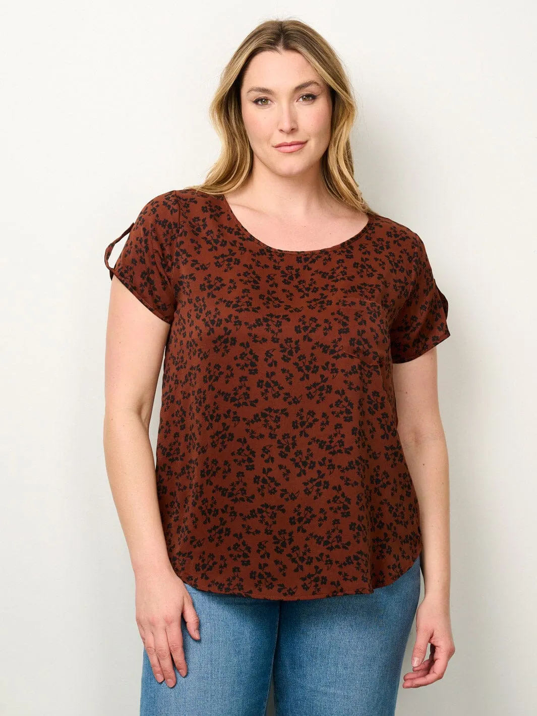 PLUS SIZE SHORT SLEEVE FLORAL TUNIC BLOUSE TOP