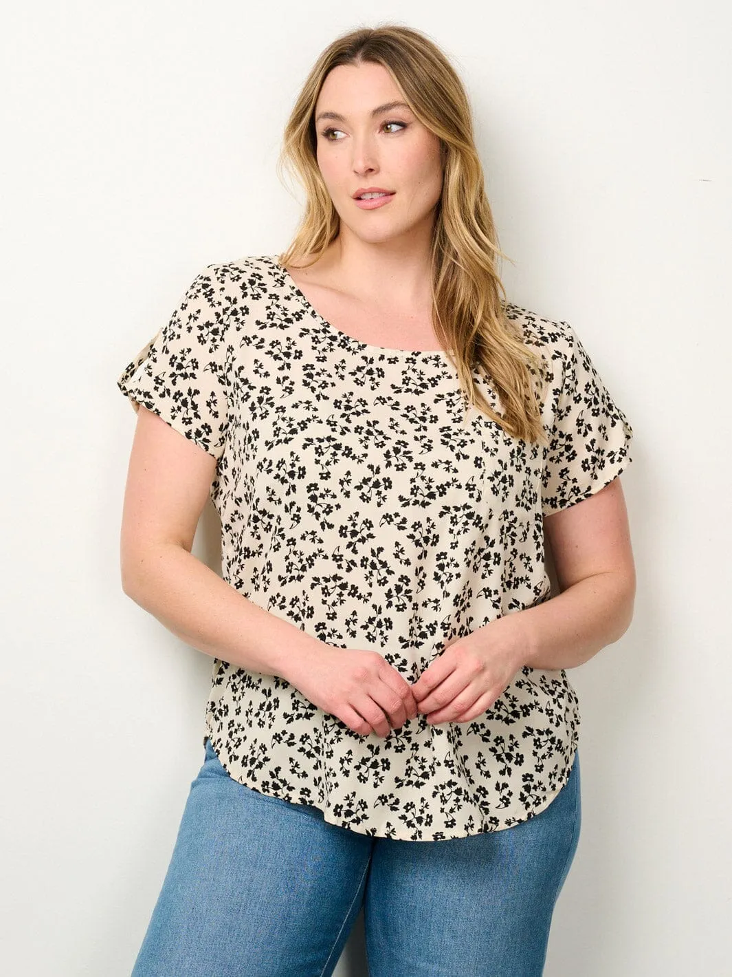PLUS SIZE SHORT SLEEVE FLORAL TUNIC BLOUSE TOP