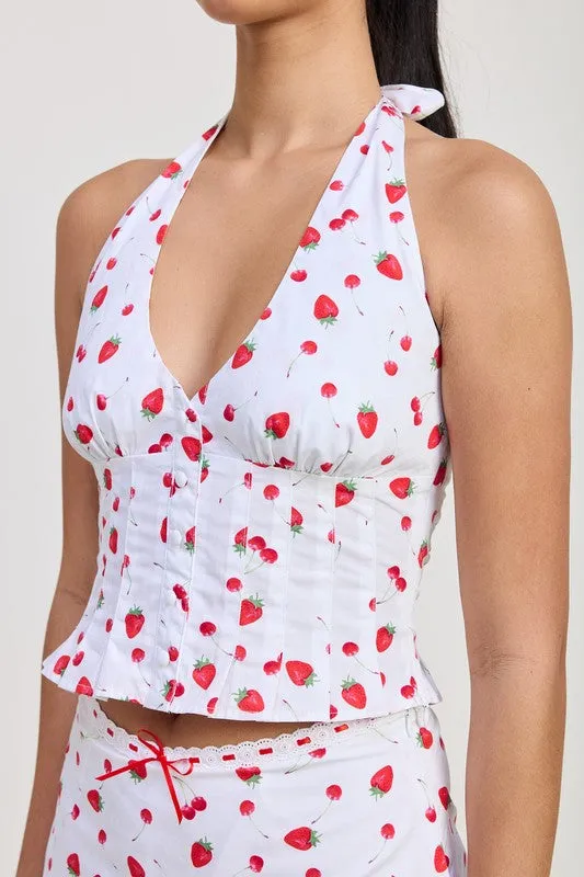 POPLIN PRINT PLEATED HALTER NECK TOP