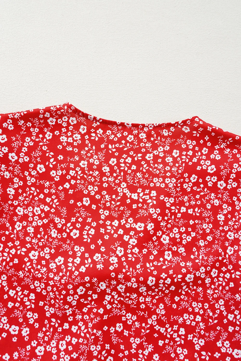 Red Boho Floral Printed Half Sleeve Knotted V Neck Blouse