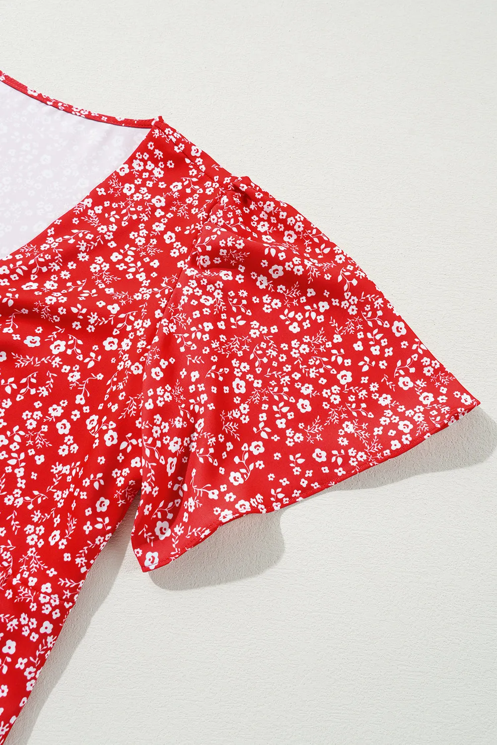 Red Boho Floral Printed Half Sleeve Knotted V Neck Blouse