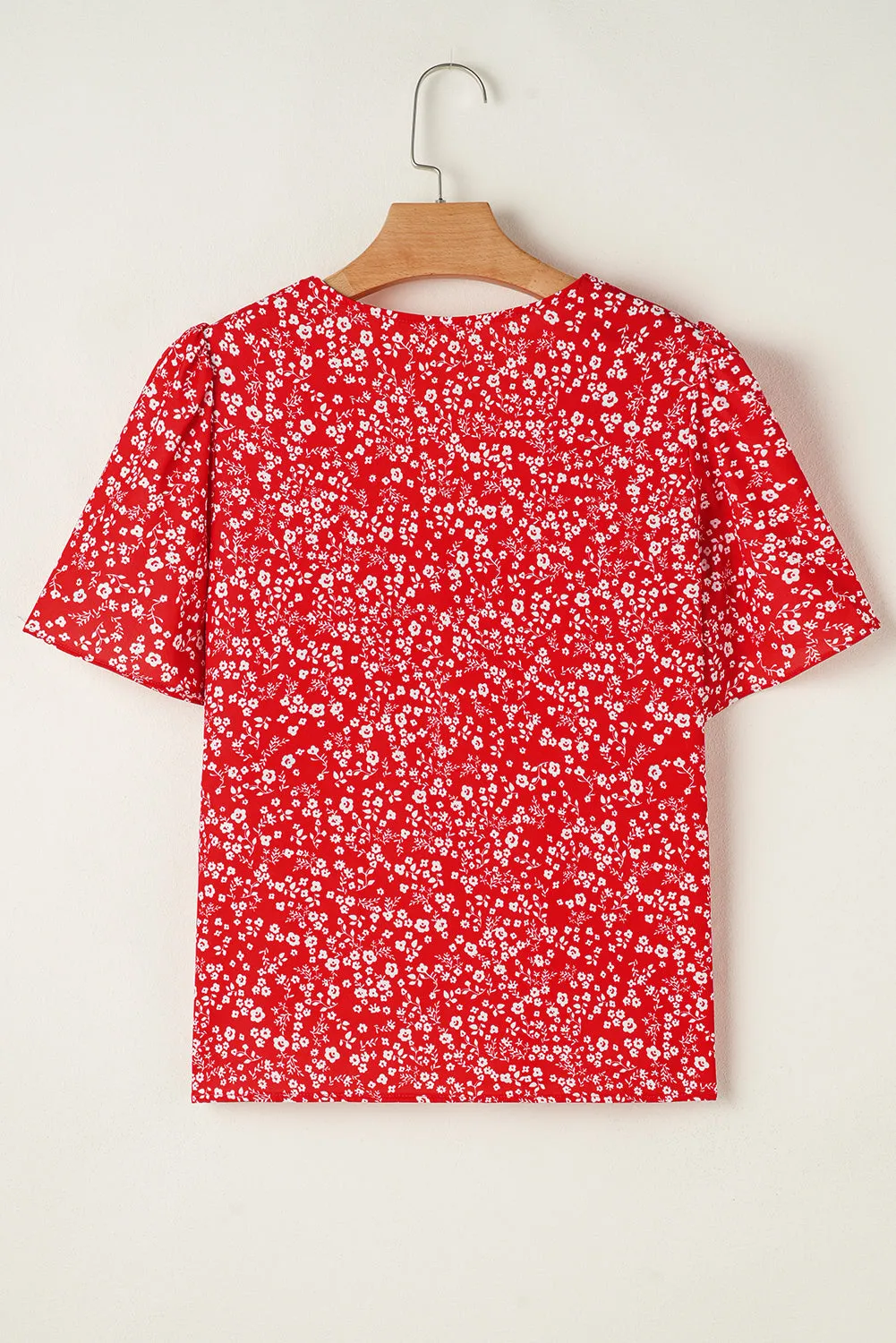 Red Boho Floral Printed Half Sleeve Knotted V Neck Blouse