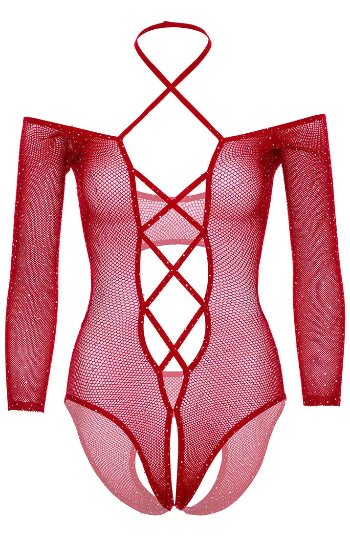 Red fishnet bodysuit with rhinestones - Naughty, Me?