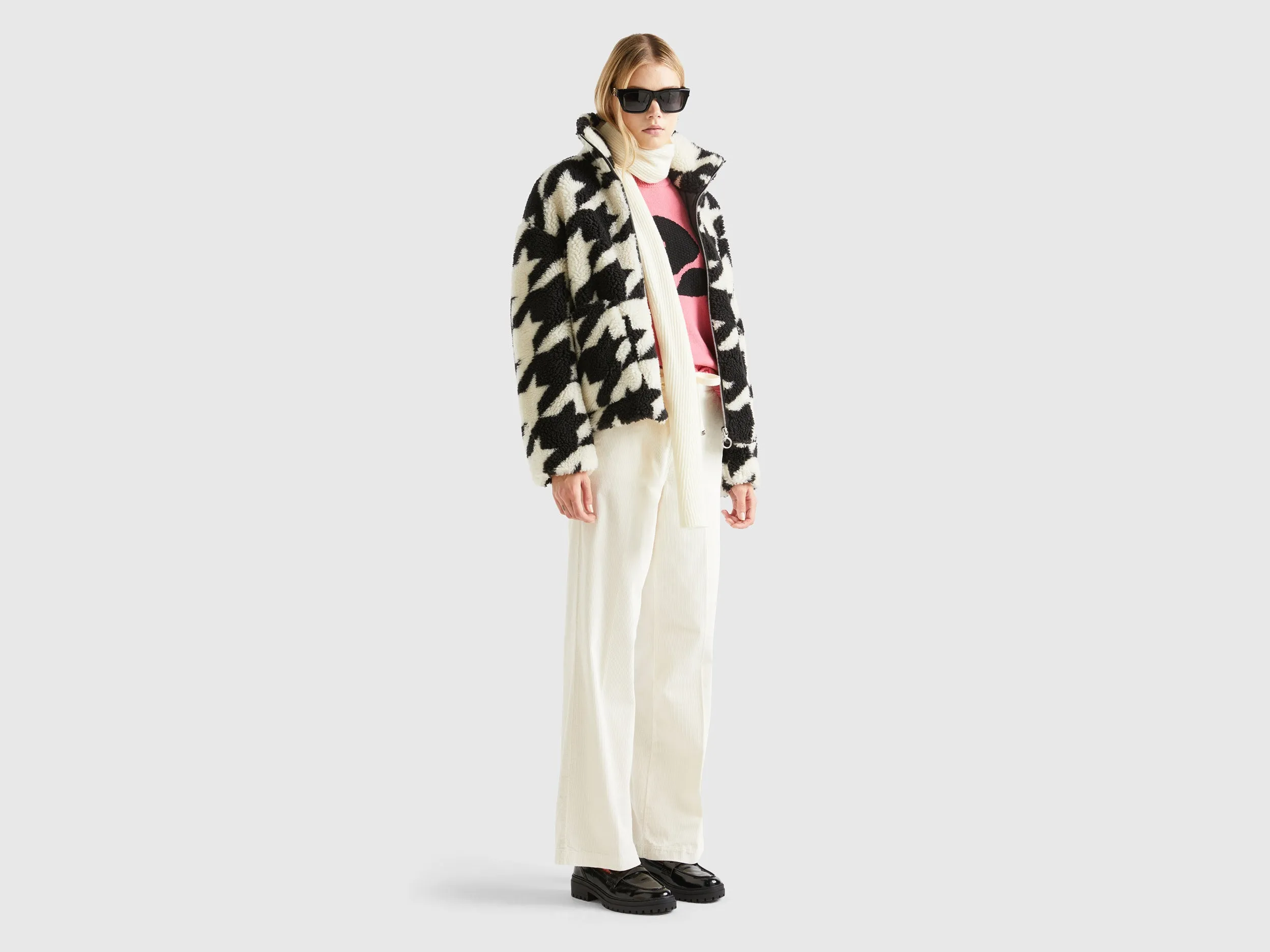 Relaxed Fit Zip Up Printed Teddy Jacket