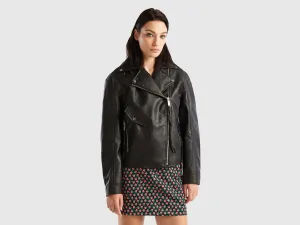 Relaxed Fit Zip Up Solid Leather Jacket